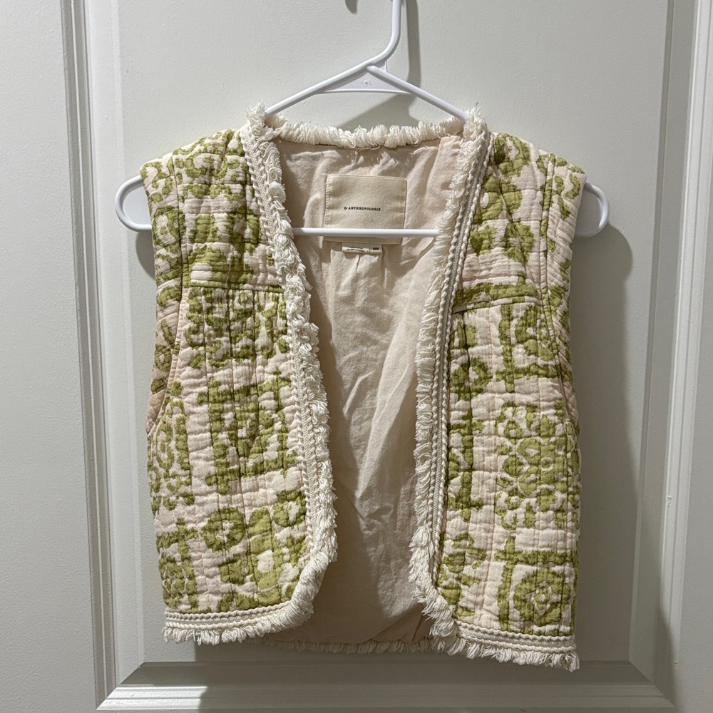 Anthropologie Quilted Vest in Cream and Green